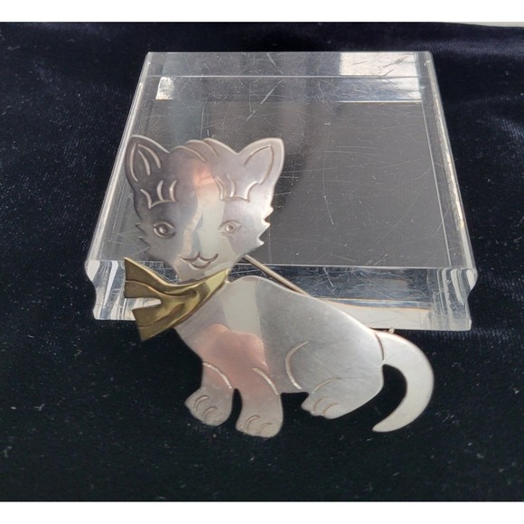 Sterling Silver 925 Cat Kitten Brooch & Pendant Pin Mixed Metal 2.25 Vtg Mexico